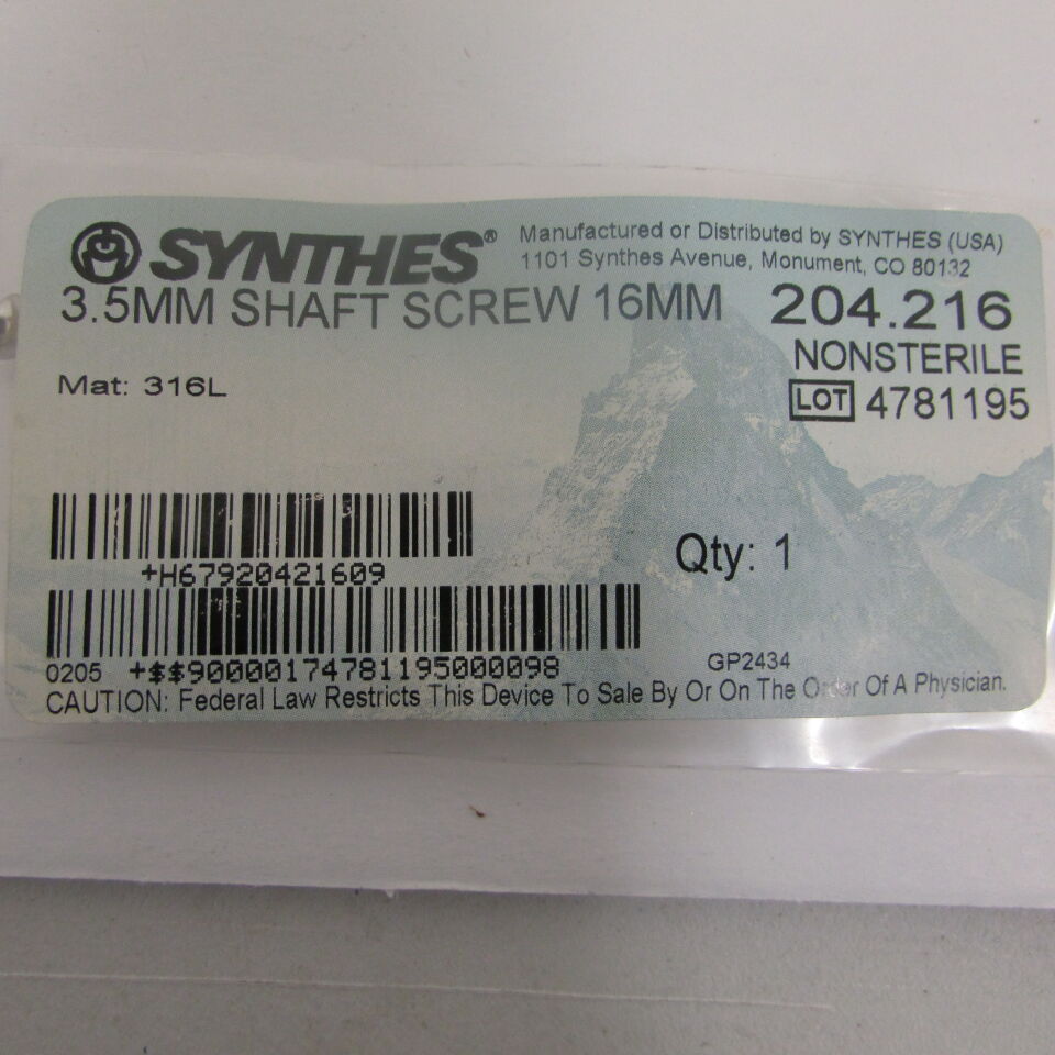 204.216 - SYNTHES - 3.5mm shaft screw 16mm, () - ( Expiry Date: EACH )