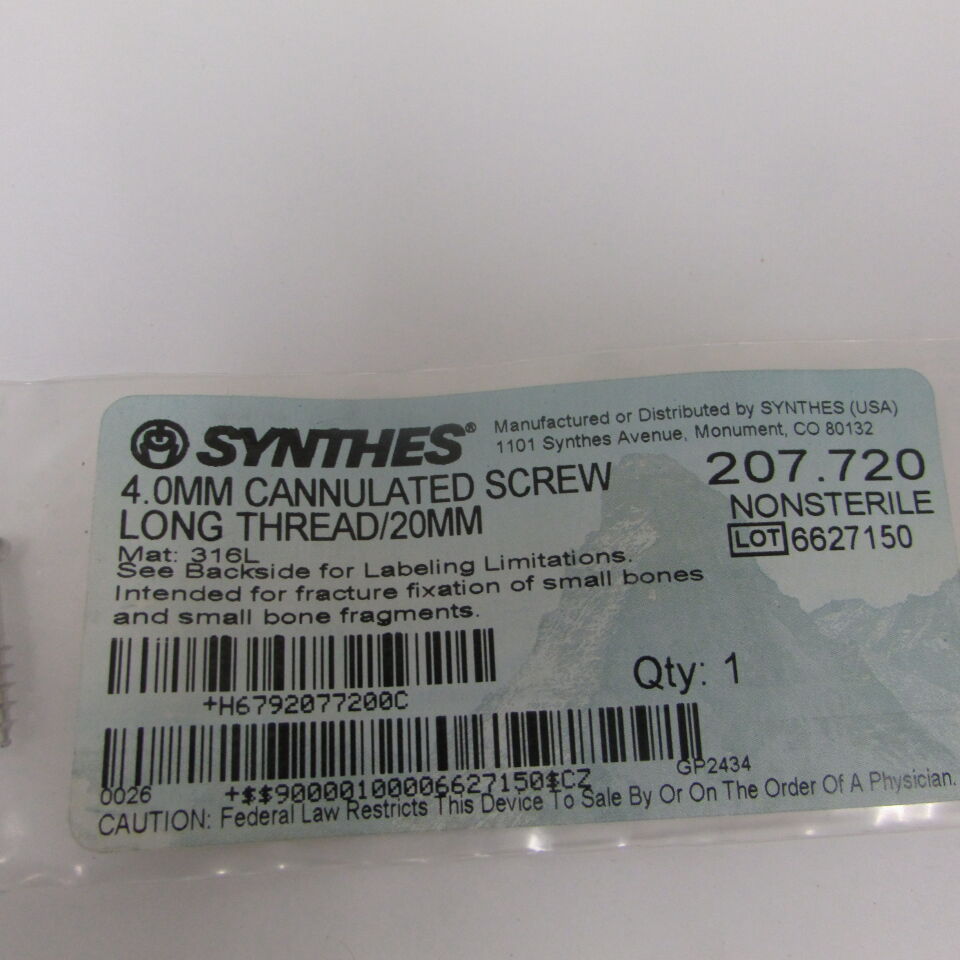 207.72 - SYNTHES - 4.0mm cannulated screw long thread/20mm, () - ( Expiry Date: EACH )