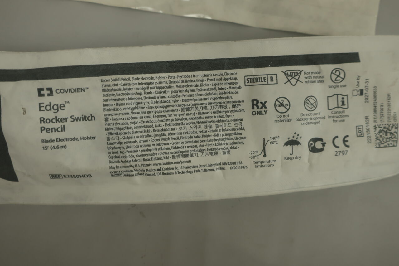 E2350HDB - COVIDIEN - Edge 無菌翹板開關筆，帶刀片電極和筆套，15 英尺線長，（）-（有效期至：2027-07-31）