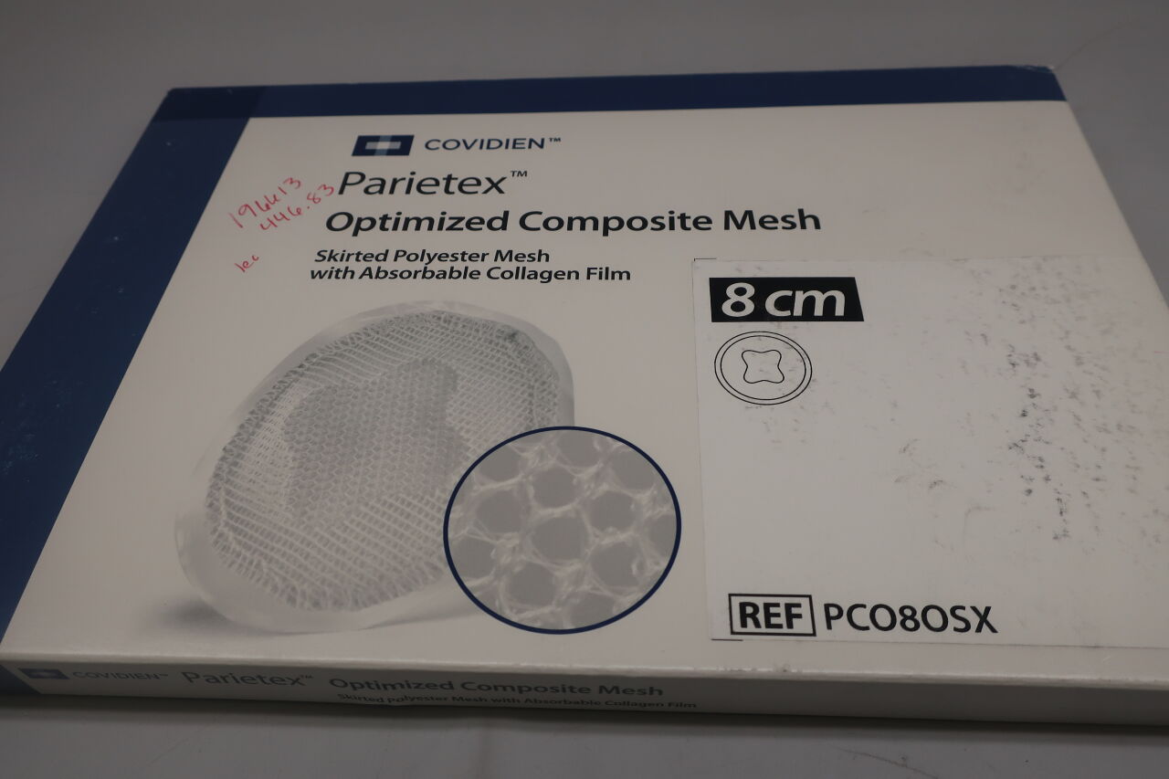 PCO8OSX - COVIDIEN - Parietex Round Skirted Polyester Optimized Composite Mesh with Absorbable Collagen Film, 8 cm Size, (BX/1) - ( Expiry Date: 2022-11-30 )