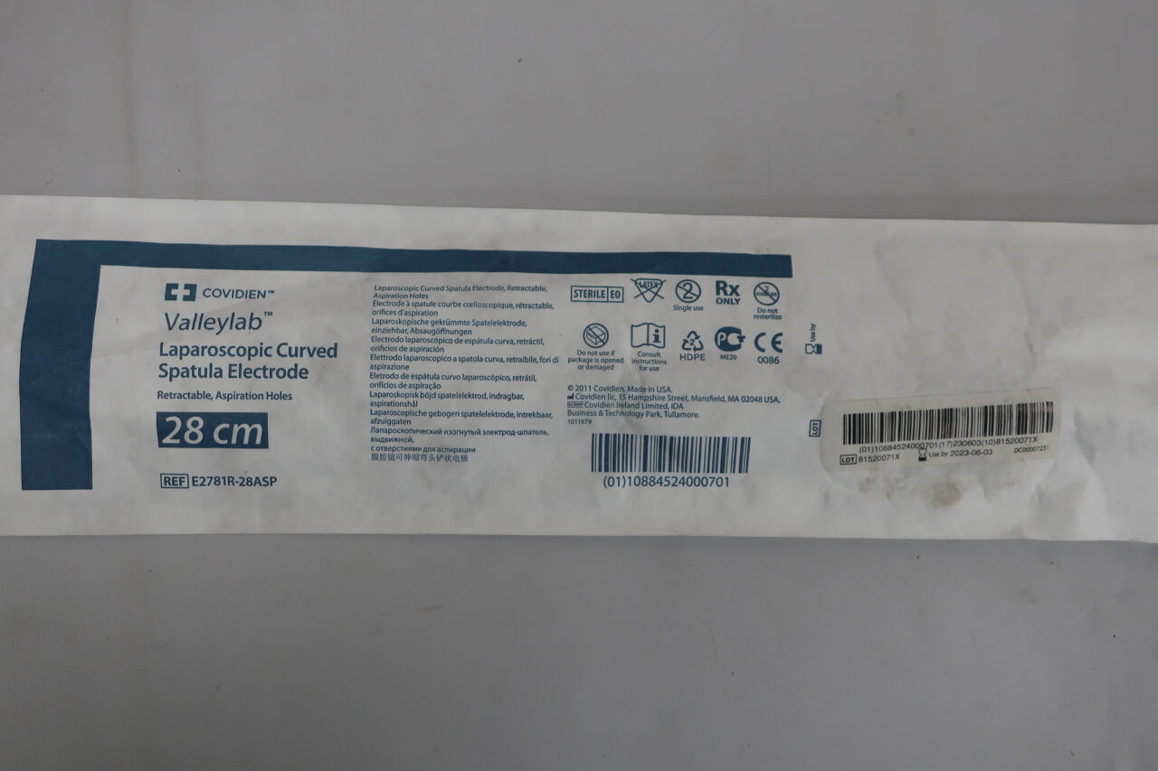 E2781R-28ASP - COVIDIEN - Valleylab Aspiration Holes Retractable Laparoscopic Electrode, Curved Spatula, 28 cm Length, () - ( Expiry Date:  )