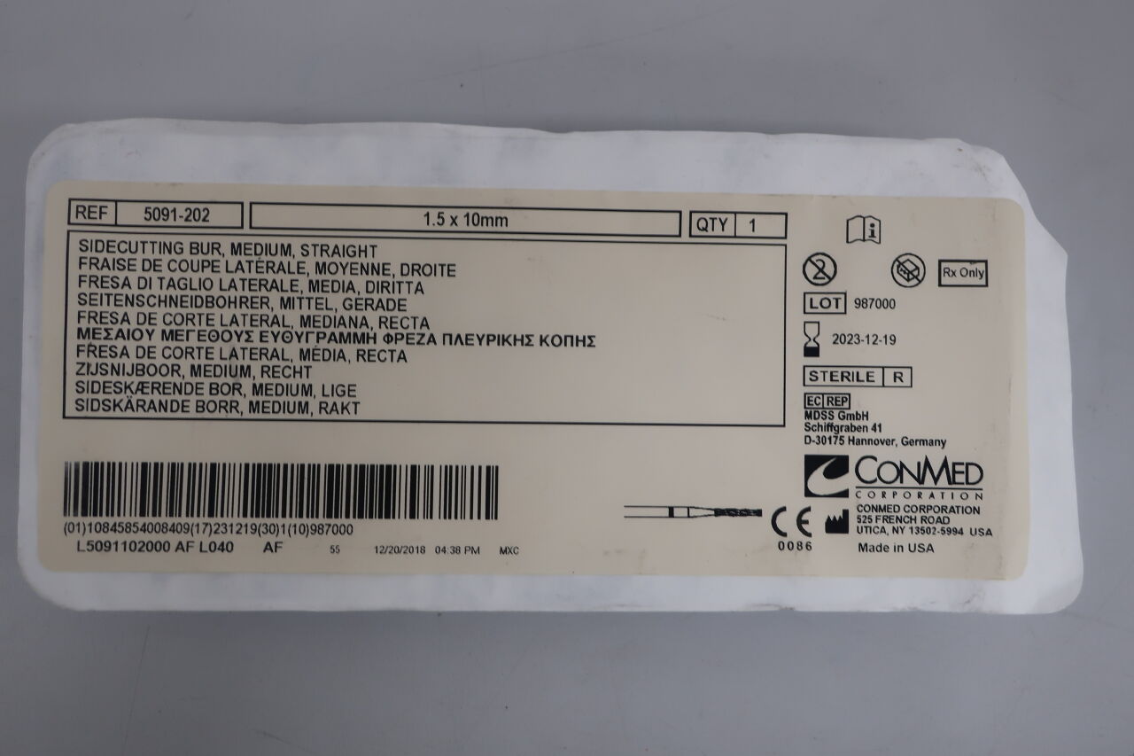5091-202 - CONMED - Conmed Straight Side Cutting Burr, Medium Grit, 1.5 dia. x 10 mm Head Length, (EA) - ( Expiry Date: 2023-12-19 )