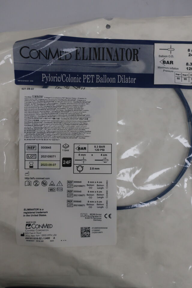 000845 - CONMED - conmed eliminator pyloric/colonic pet balloon dilator 24f / 8.3 bar 120 psi/ 8mm x 4cm -, (EA) - ( Expiry Date: 2023-09-07 )