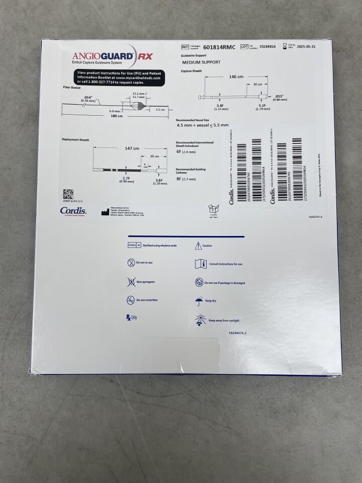 601814RMC - CORDIS - ANGIOGUARD RX Emboli Capture Guidewire System - Medium Support - 6.0mm x .014" x 180cm, () - ( Expiry Date: 2015-12-31 )