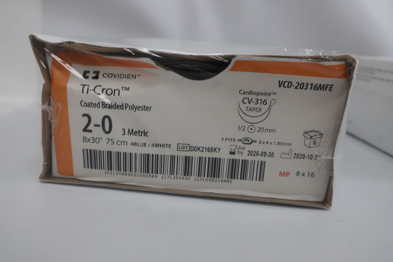 VCD20316MFE - COVIDIEN - 塗層編織聚酯，CV-316，D/A，4藍/4白股，帶牢固的PTFE墊片，3x6x1.85，（BX/6）-（有效期：2025-09-30）