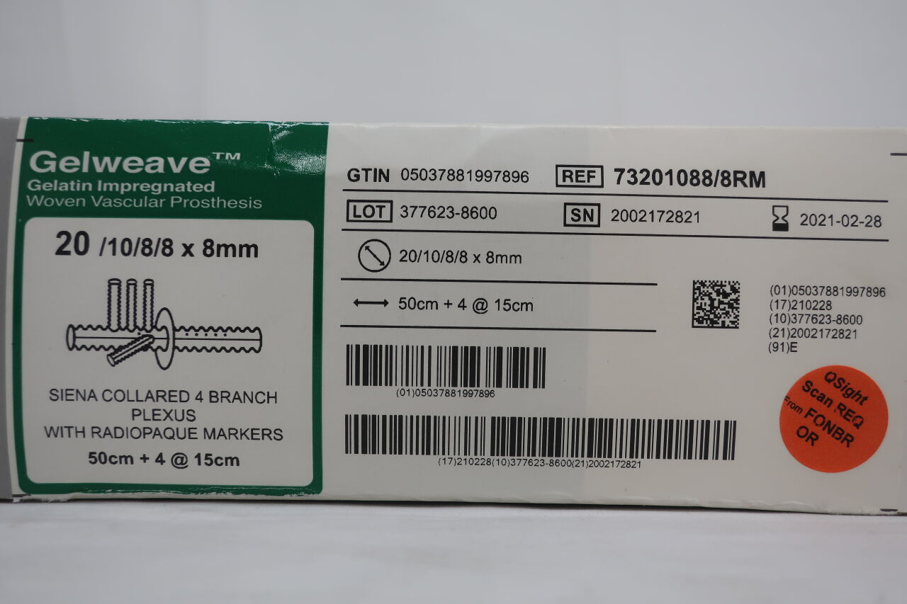 73201088/8RM - TERUMO - vascutek gelweave plexus vascular graft, 4 branch, 20mm, w/radiopaque markers, (BX/1) - ( Expiry Date: 2021-02-28 )