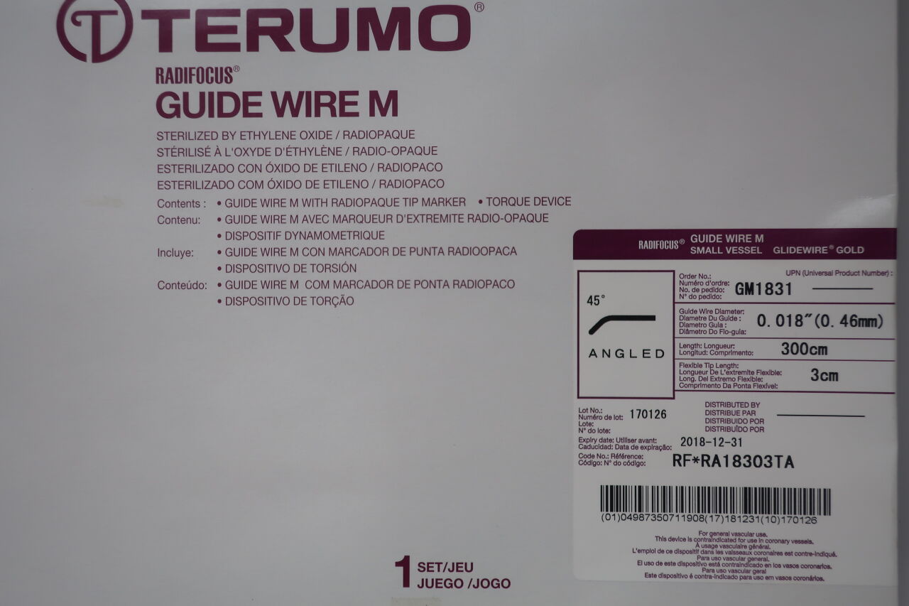 GM1831 - TERUMO - Radifocus Guide Wire M - Small Vessel Glidewire Gold - 45 Degree Angled - .018" x 300cm x 3cm
, () - ( Expiry Date: 2023-05-31 )