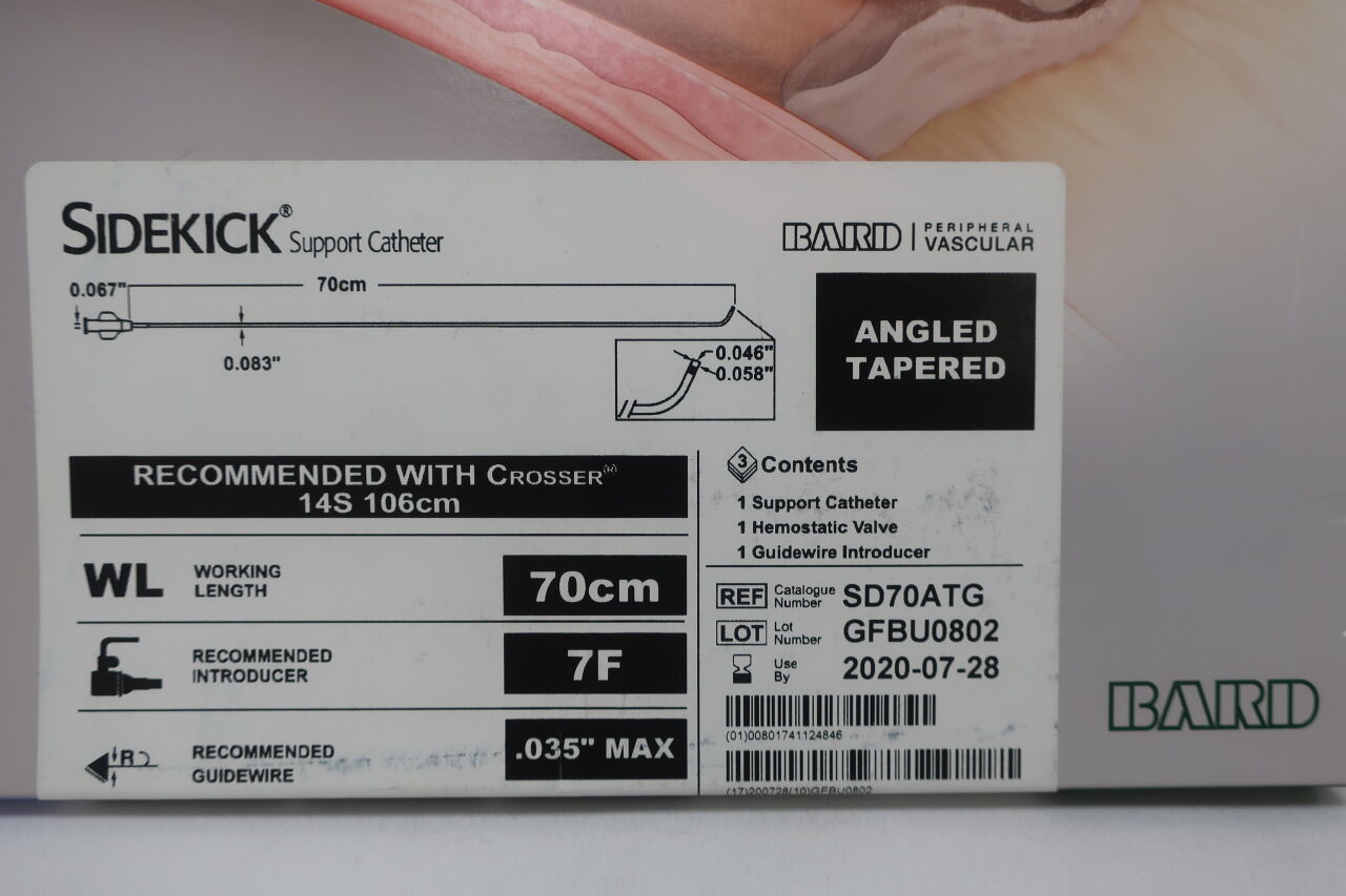 SD70ATG - BARD - sidekick support catheter angled tapered 70cm x 7f x .035" max, (BX/3) - ( Expiry Date: 2020-07-28 )
