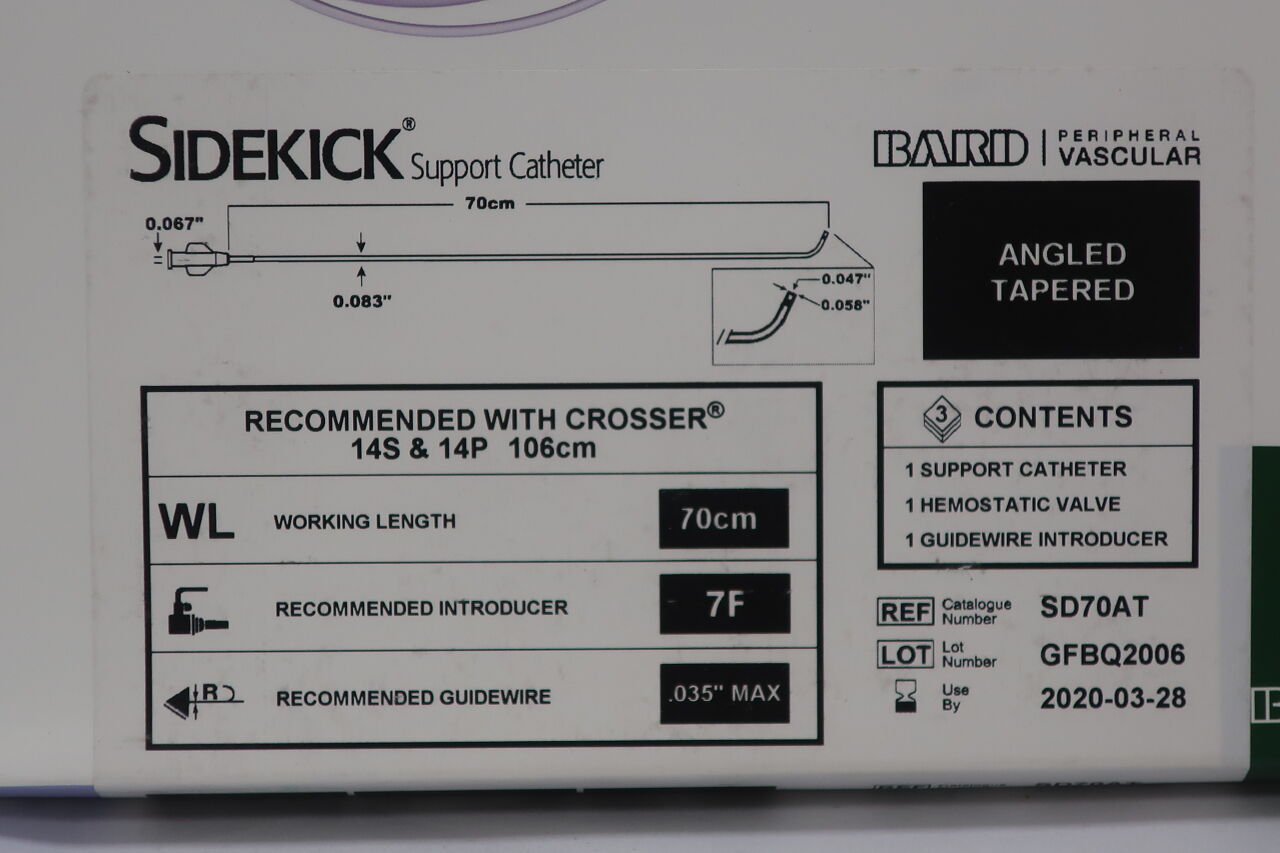 SD70AT - BARD - sidekick support catheter angled tapered 70cm x 7f x .035", (BX/3) - ( Expiry Date: 2020-01-28 )