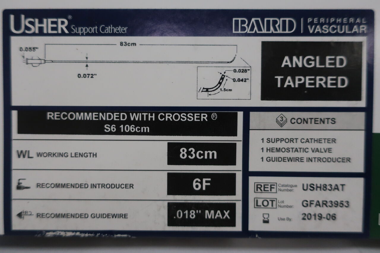 USH83AT - BARD - usher support catheter angled tapered 83cm x 6f .018" max lot of 2, (BX/3) - ( Expiry Date: 2020-07-28 )