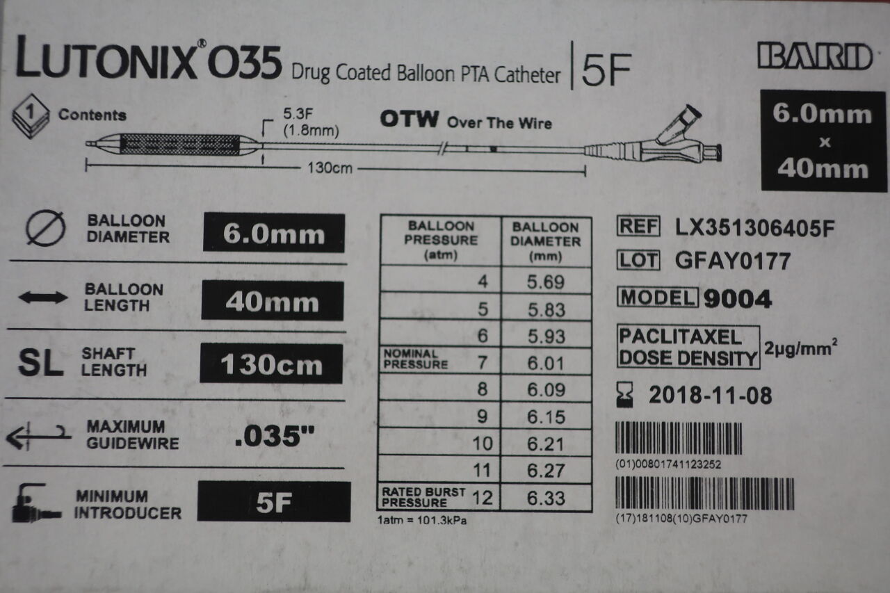 LX351306405F - BARD - lutonix 035 drug coated balloon pta catheter .035" otw 6.0mm x 40mm x 130cm x 5f dcb, (BX/1) - ( Expiry Date: 2018-11-08 )