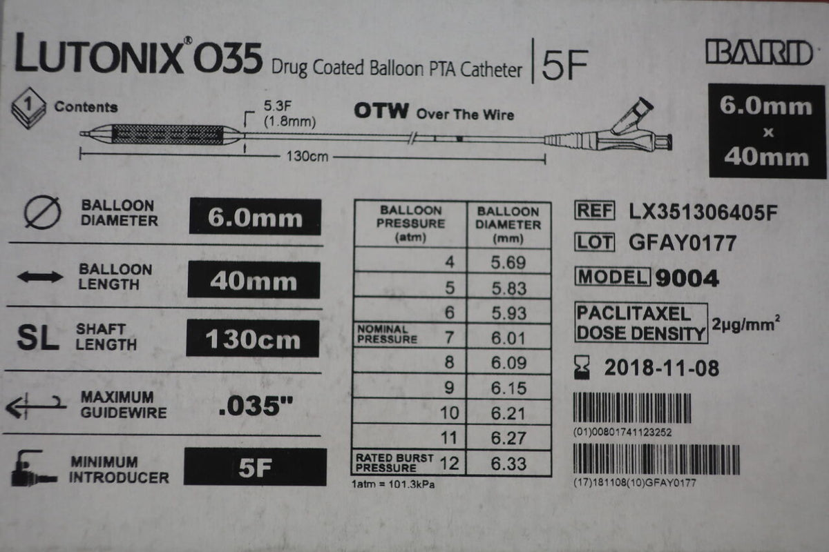 LX351306405F - BARD - lutonix 035 drug coated balloon pta catheter .035" otw 6.0mm x 40mm x 130cm x 5f dcb, (BX/1)