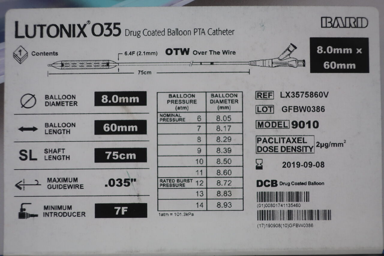 LX3575860V - BARD - Lutonix OTW AV Drug Coated Balloon PTA Catheter 8mm x 60mm, 75cm
, () - ( Expiry Date: 2019-09-08 )