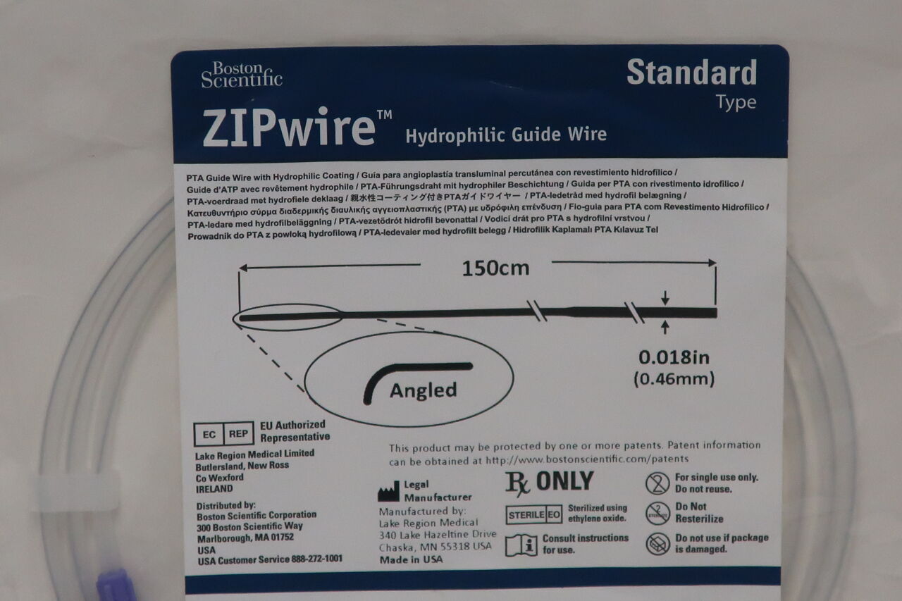 46231B - BOSTON SCIENTIFIC - ZIPwire Hydrophilic Coated Angled Tip Small Vessel Guidewire, 150 cm Length, () - ( Expiry Date:  )