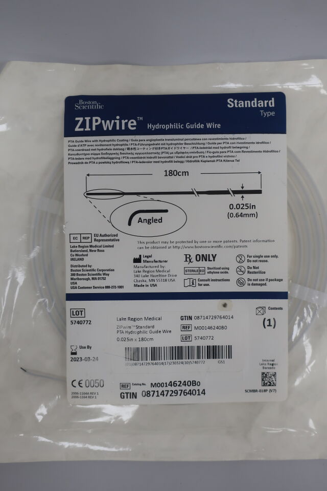 46240B - BOSTON SCIENTIFIC - ZIPWIRE Hydrophilic Guide Wire 180cm angled , () - ( Expiry Date:  )