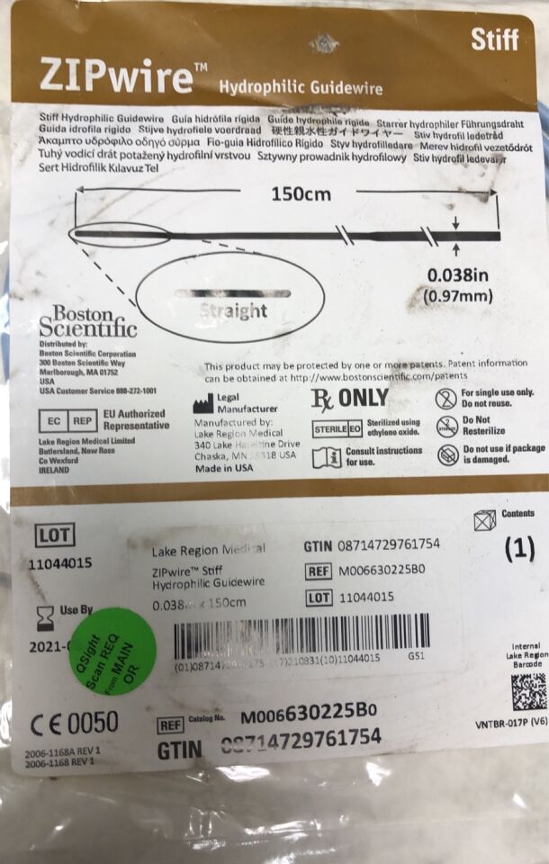 630225B - BOSTON SCIENTIFIC - ZIPwire Nitinol Hydrophilic Coated Guidewire, 0.038 in dia. x 150 cm Length, () - ( Expiry Date:  )