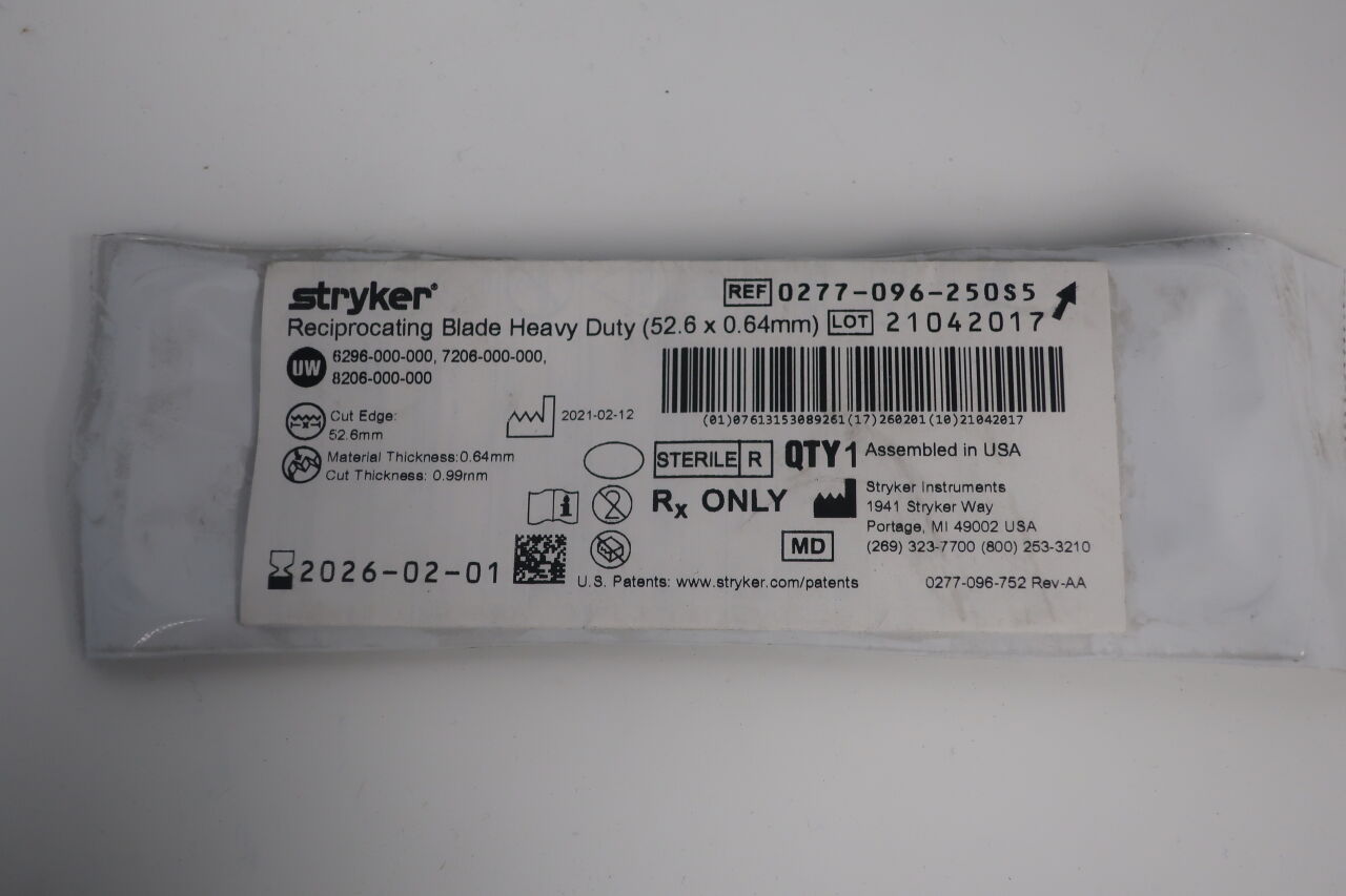0277-096-250S5 - STRYKER - Cuchilla reciprocante de alta resistencia (52,6 x 0,64 mm) , ( c/u/ ) - ( Fecha de caducidad : 01/09/2025 )