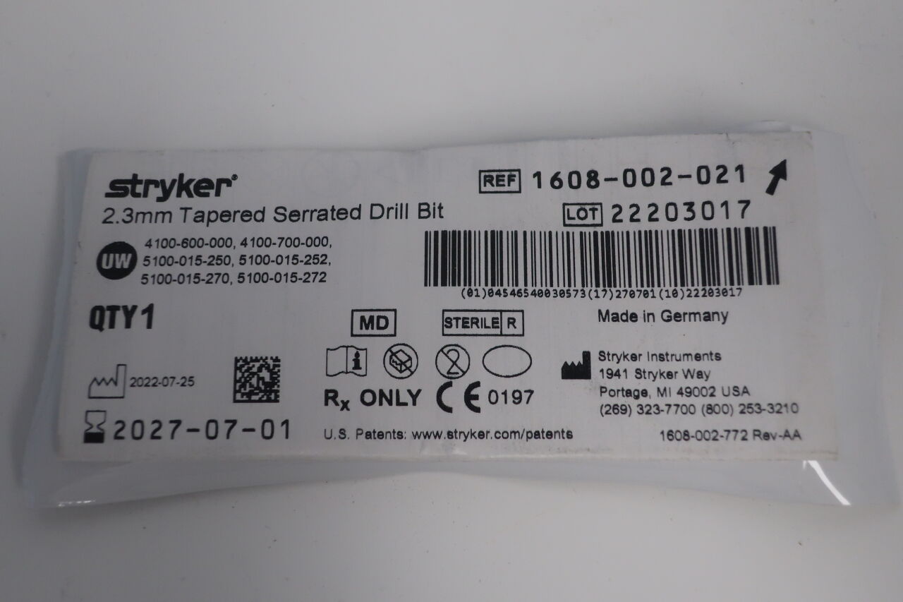 1608-002-021  -  STRYKER  -   2.3mm Tapered Serrated Drill Bit , ( EA/ )  -  ( Expiry Date : 2027-11-01 )