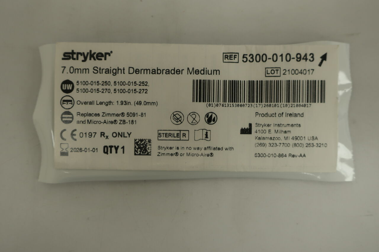 5300-010-943  -  STRYKER  -  Stryker Straight Dermabrader, Medium, 7 mm Size , ( EA/ )  -  ( Expiry Date : 2026-01-01 )