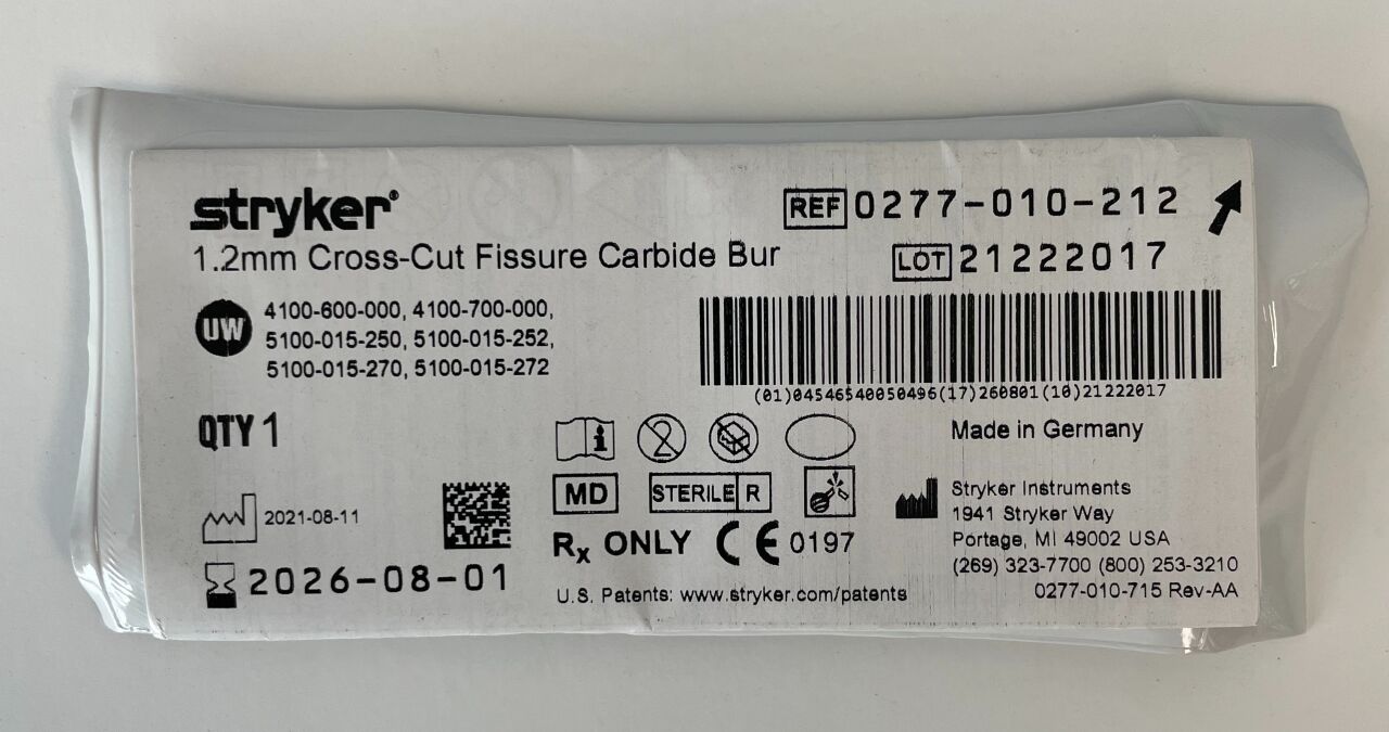 0277-010-212 - STRYKER - Microfresa de corte rápido para fisuras con corte transversal acanalado, diámetro de cabeza de 1,2 mm, longitud de 44,5 mm, (unidad/) - (Fecha de caducidad: 01/10/2026)