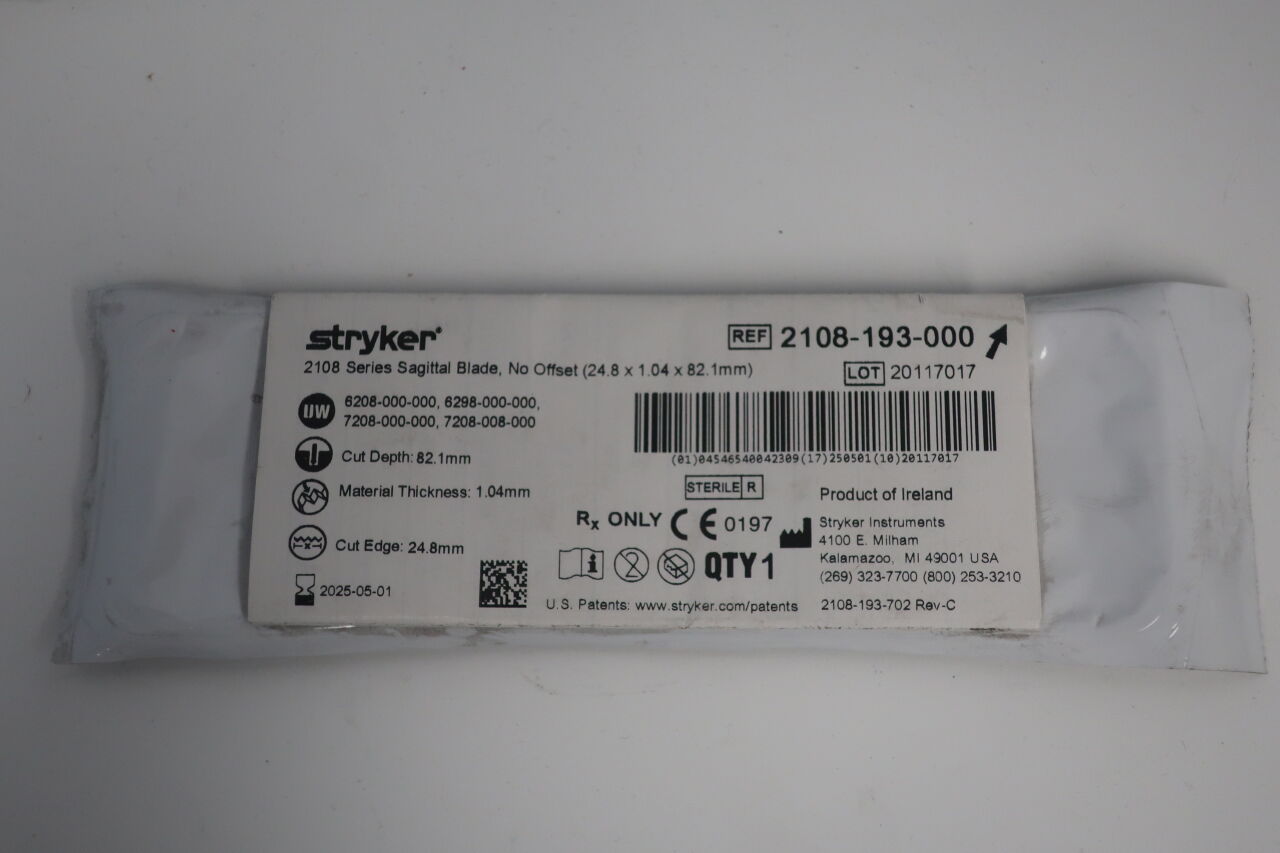 2108-193-000  -  STRYKER  -   2108 Series Sagittal Blade, No Offset  (24.8 x 1.04 x 82.1mm) , ( EA/ )  -  ( Expiry Date : 2025-05-01 )