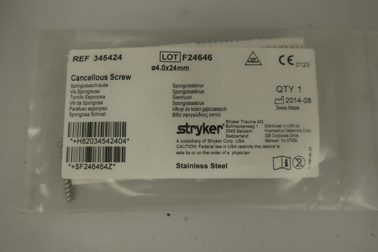 345424  -  STRYKER  -  Stryker Stainless Steel Fully Threaded Cancellous Screw, 4 dia. x 24 mm Length , ( Each )  -  ( Expiry Date : N/A )