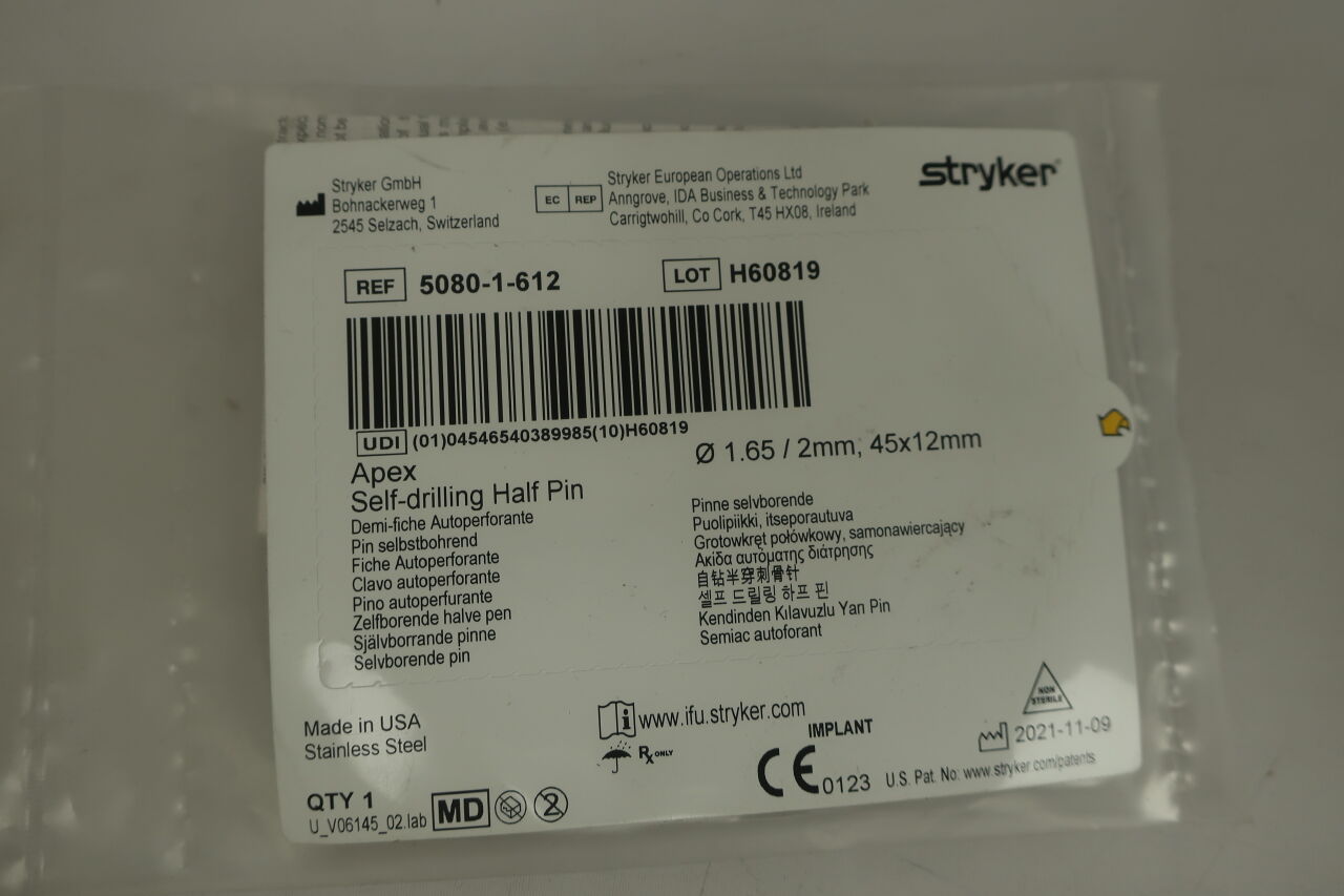 5080-1-612  -  STRYKER  -  Apex Self-drilling Half Pin  1.65/2mm, 45x12mm , ( EA/ )  -  ( Expiry Date : N/A )