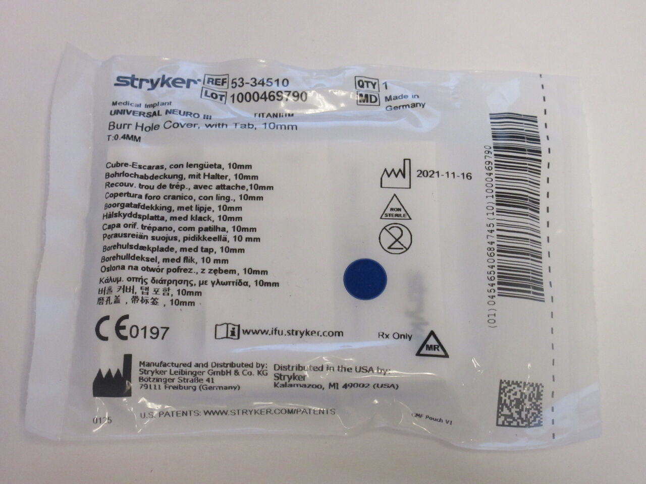 53-34510  -  STRYKER  -  53-34510 : Burr Hole Cover, with Tab, 10mm - 53-34510 , ( EA/ )  -  ( Expiry Date : N/A )