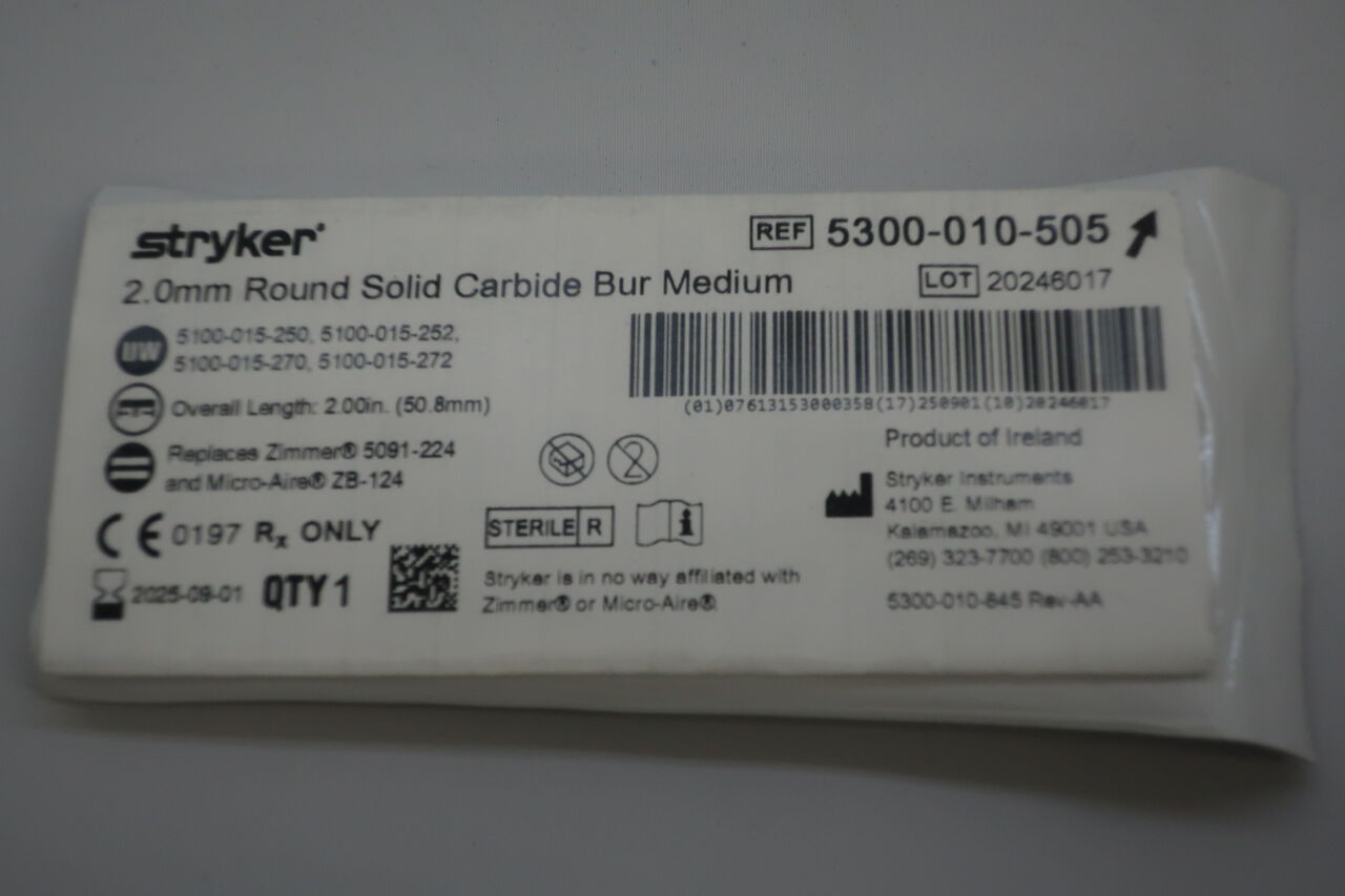 5300-010-505  -  STRYKER  -  Fluted Solid Round Micro Burr, 2 mm Head Diameter, 50.8 mm Length , ( EA/ )  -  ( Expiry Date : 2025-09-01 )