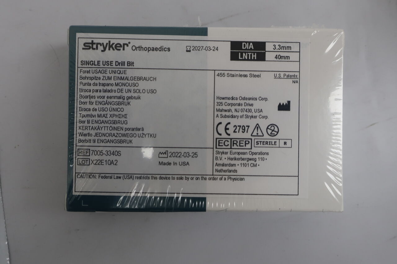 7005-3340S  -  STRYKER  -  SINGLE USE DRILL BIT DIA: 3.3mm L:40mm , ( BX/ )  -  ( Expiry Date : 2027-03-24 )