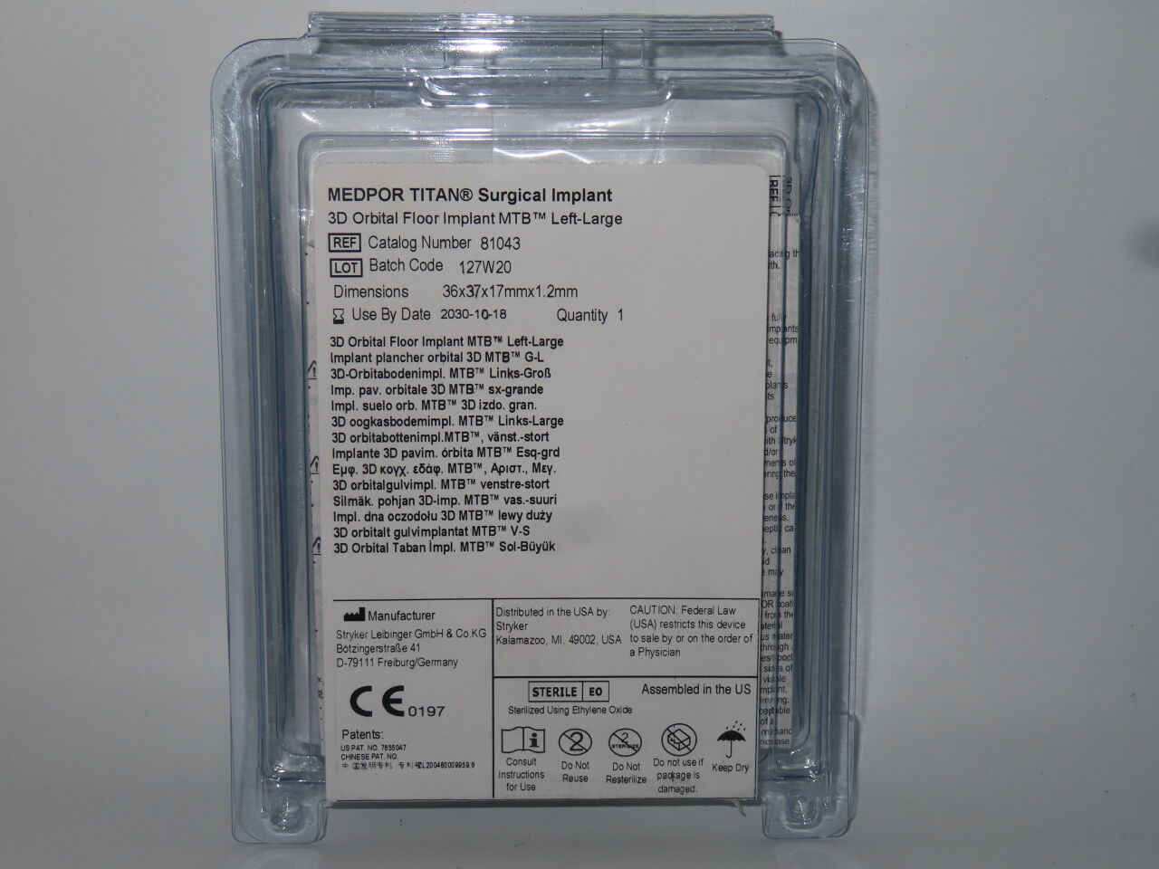 81043  -  STRYKER  -  Medpor Titan MTB Left Large 3D Orbital Floor Implant, 36 x 37 x 17 mm Size , ( Each )  -  ( Expiry Date : 2030-10-18 )