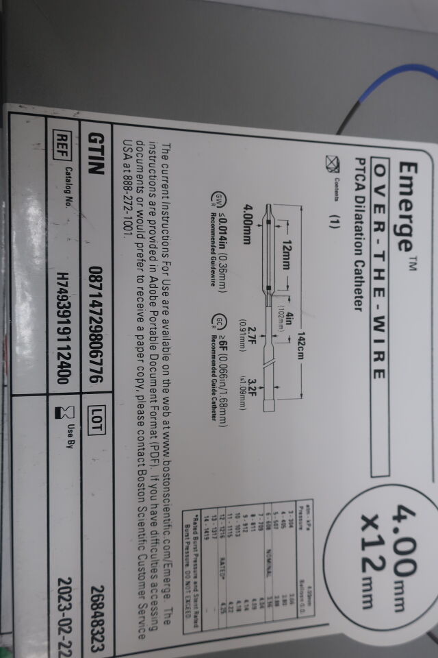 391911240 - BOSTON SCIENTIFIC - Emerge OTW PTCA Dilatation Catheter - 4.00mm x 12mm, (BX/1) - ( Expiry Date: 2023-02-22 )