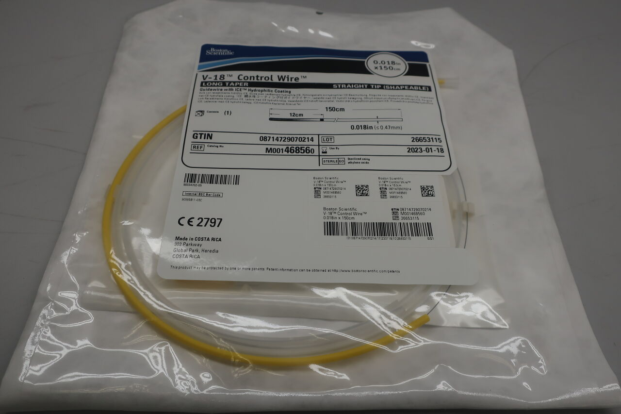 46856 - BOSTON SCIENTIFIC - V-18 Control Wire with ICE Hydrophilic Coating - Long Taper, Straight Tip (Shapeable) Guidewire - .018" x 150cm, (EA) - ( Expiry Date: 2023-01-18 )