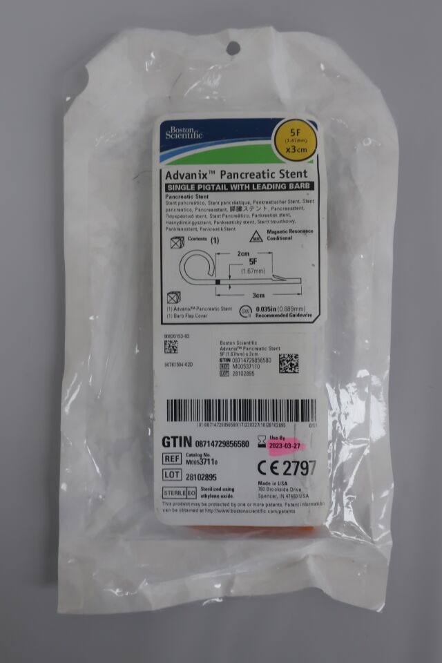 3711 - BOSTON SCIENTIFIC - Advanix Pancreatic Stent - Single Pigtail with Leading Barb - 5Fr x 3cm, (EA) - ( Expiry Date: 2023-02-01 )