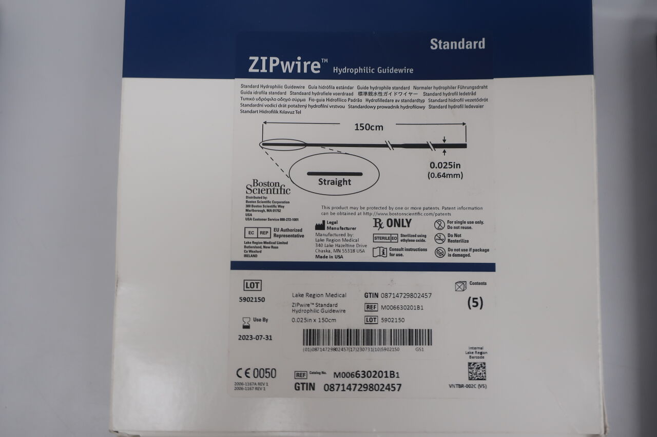 630201B - BOSTON SCIENTIFIC - ZIPwire Hydrophilic Guidewire - Standard, Straight - .025" x 150cm, (BX/5) - ( Expiry Date: 2023-07-31 )