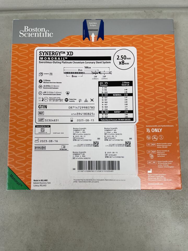 394180825 - BOSTON SCIENTIFIC - SYNERGY XD Everolimus-Eluting Platinum Chromium Coronary Stent System - Monorail - 2.50mm x 8mm
, (BX/1) - ( Expiry Date: 2023-04-29 )
