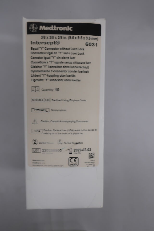 6031 - MEDTRONIC - Intersept Equal “Y” Connector w/o Luer Lock 3/8 x 3/8 x 3/8, (BX/6) - ( Expiry Date: 2023-02-05 )