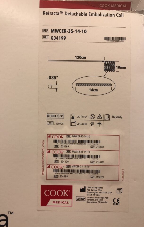 G34199 - COOK - Retracta Detachable Embolization Coil - MWCER-35-14-10 - .035" x 14cm x 10mm, (BX/1) - ( Expiry Date: 2021-05-17 )