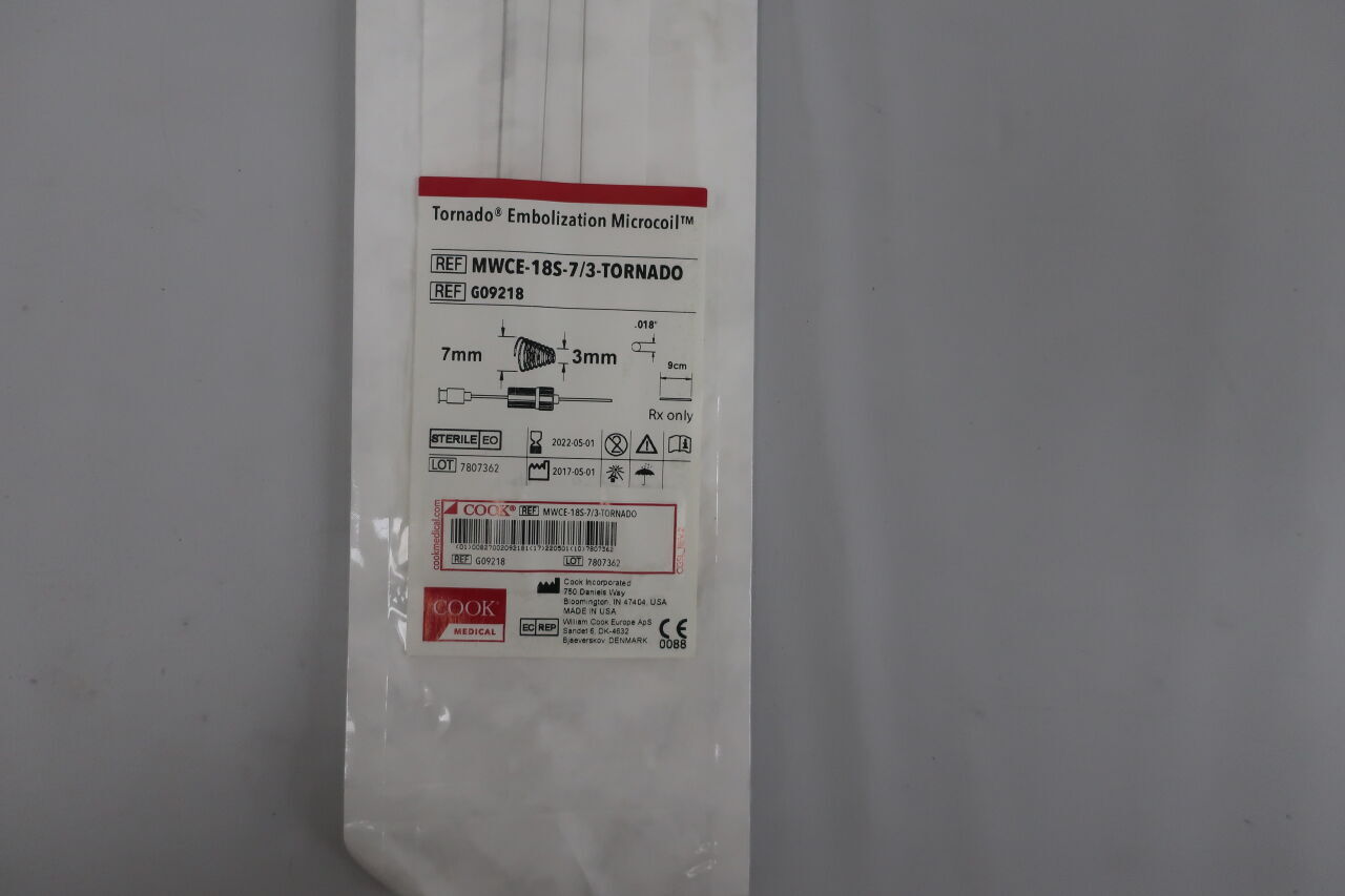 G09218 - COOK - Tornado Embolization Microcoil - MWCE-18S-7/3-TORNADO - .018" x 9cm x 7mm/3mm, (EA) - ( Expiry Date: 2022-05-01 )