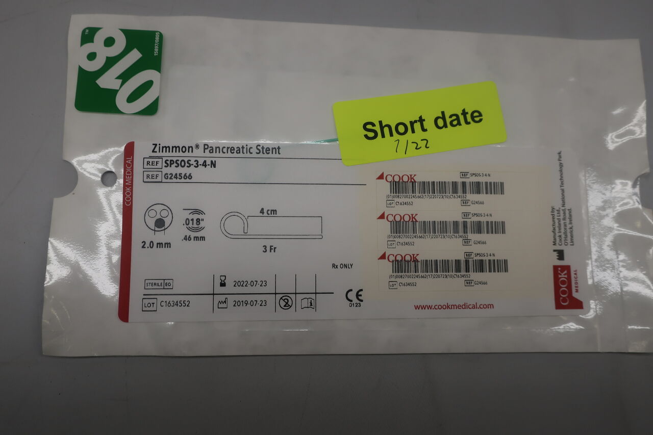 G24566 - COOK - Zimmon Pancreatic Stent with No Ductal Flap, 3 Fr Size, 4 cm Length, (EA) - ( Expiry Date: 2022-07-23 )