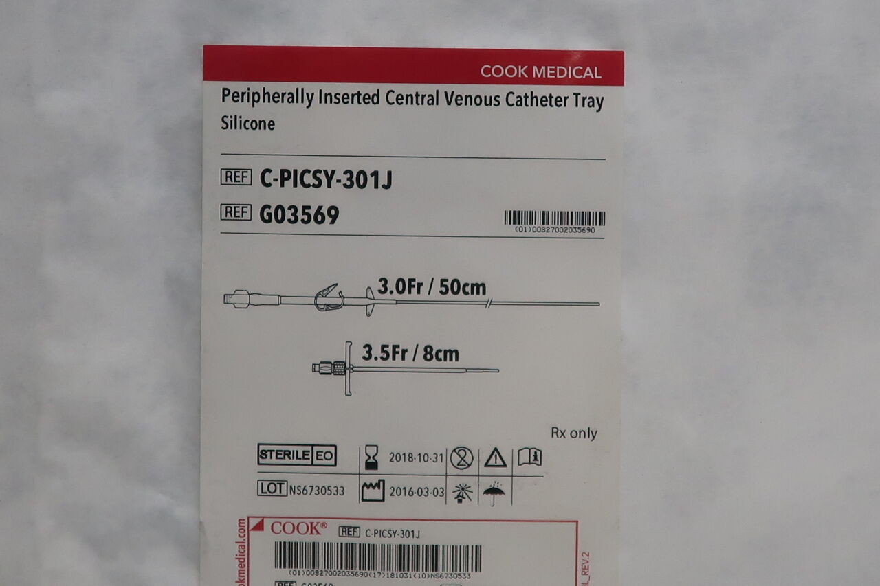 G03569 - COOK - Peripherally Inserted Central Venous Catheter 3Fr/50cm, (EA) - ( Expiry Date: 2018-10-31 )