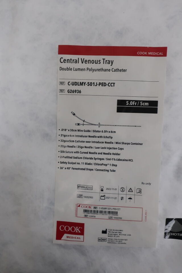 G26936 - COOK - double lumen polyurethane cvc tray 5f x 5cm, (EA) - ( Expiry Date: 2022-11-01 )