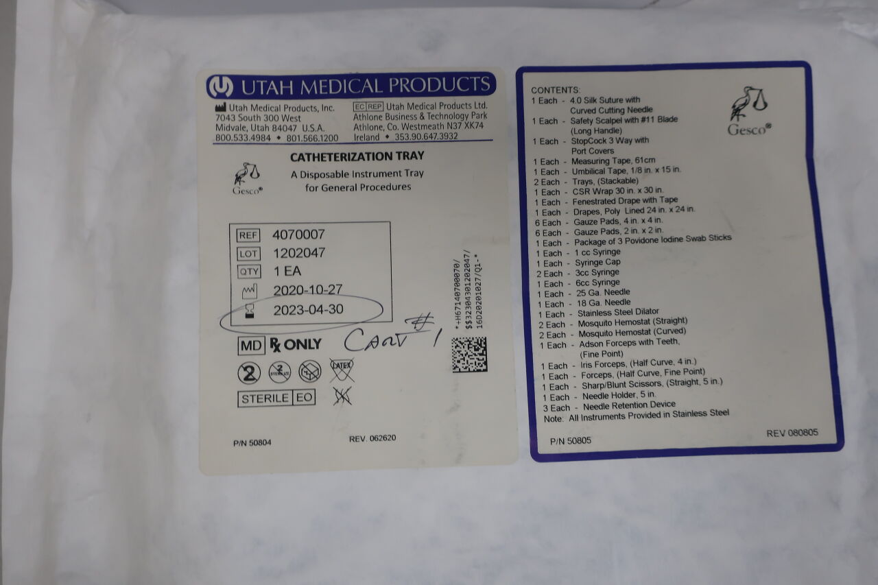 4070007 - UTAH MEDICAL - Catheterization tray, (EA) - ( Expiry Date: 2023-04-03 )