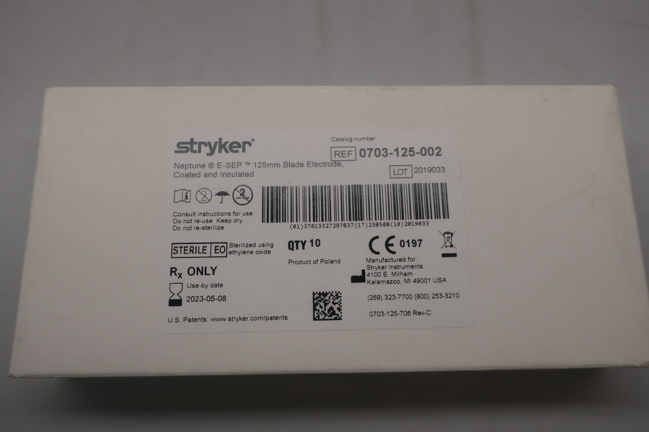 0703-125-002 - STRYKER - Neptune E-SEP 125mm Blade Electrode, Coated & Insulated, (BX/10) - ( Expiry Date: 2023-05-08 )