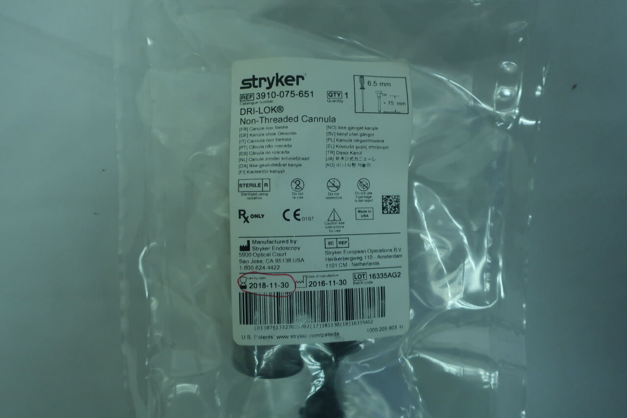 3910-075-651 - STRYKER - Dri-Lok Non-Threaded Cannula, 6.5 dia. x 75 mm Length, Standard, (EA) - ( Expiry Date: 2023-03-26 )