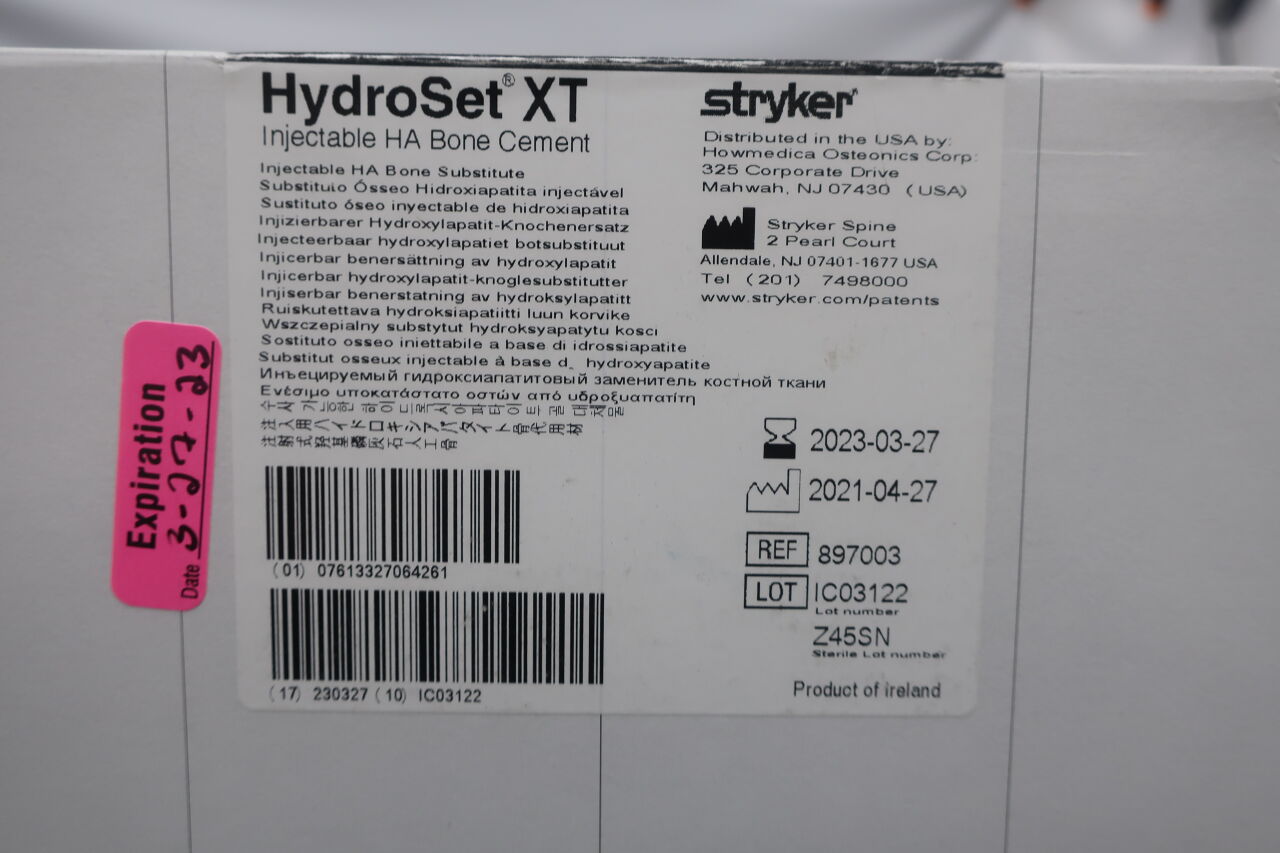 897003 - STRYKER - HydroSet XT Injectable HA Bone Cement 5cc kit, (BX/3) - ( Expiry Date: 2023-03-27 )