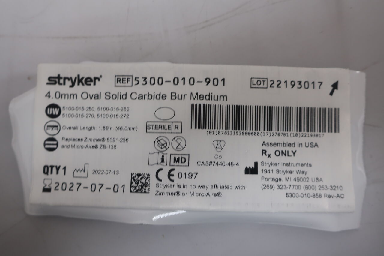 5300-010-901 - STRYKER - Fluted Solid Oval Micro Burr, 4 dia. x 7.7 mm Head Length, () - ( Expiry Date: 2022-05-01 )