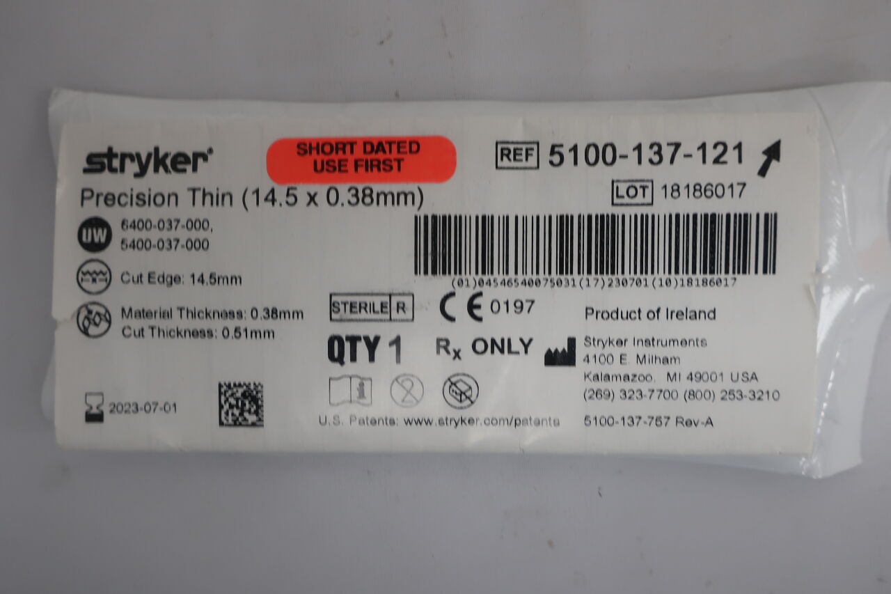 5100-137-121 - STRYKER - Precision Thin Reciprocating Saw Blade, 14.5 mm Width, (EA) - ( Expiry Date: 2023-07-01 )