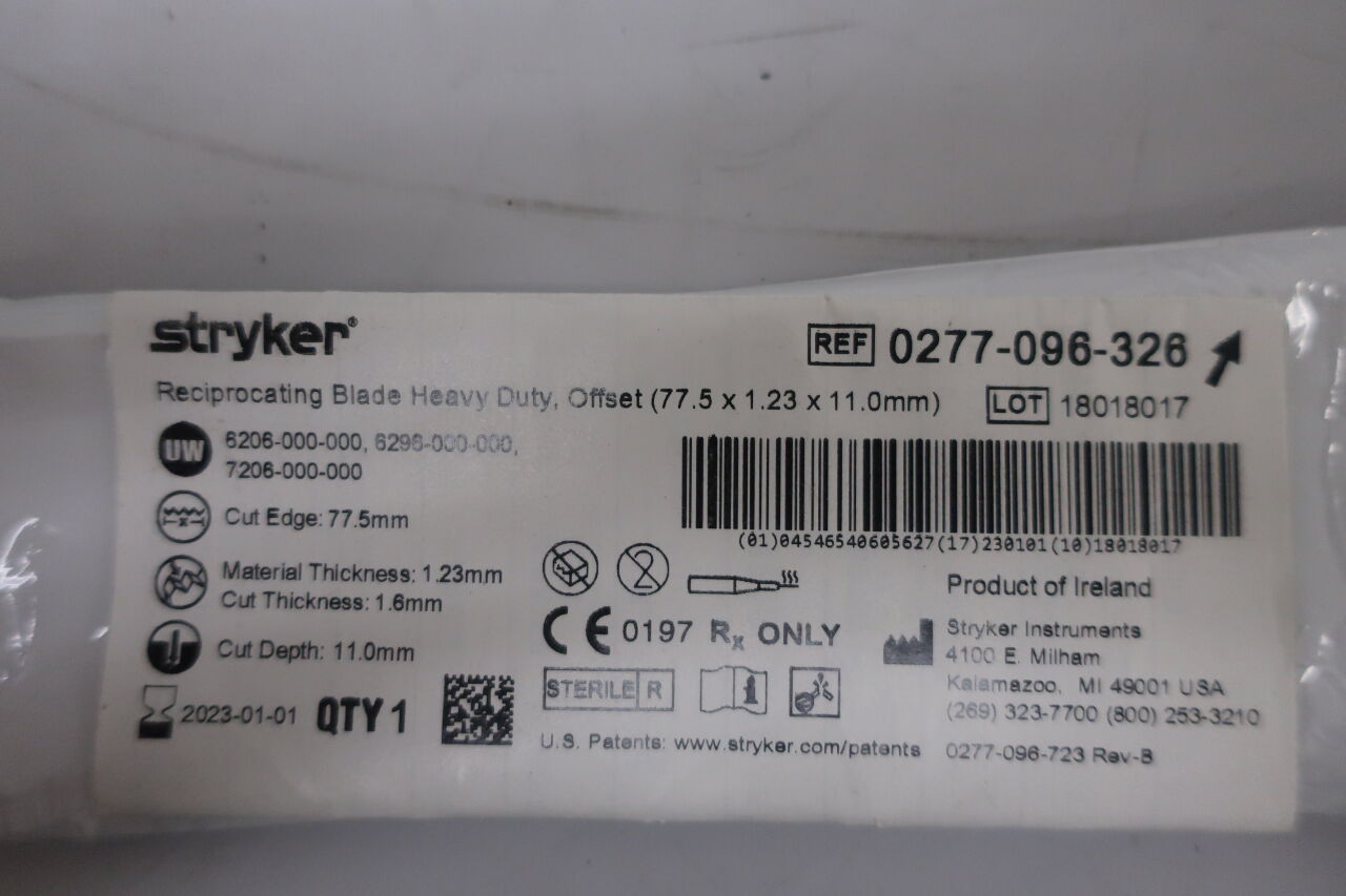 0277-096-326 - STRYKER - Reciprocating Blade, Heavy Duty, Offset 77.5mm x 11mm x 1., () - ( Expiry Date: 2023-01-01 )