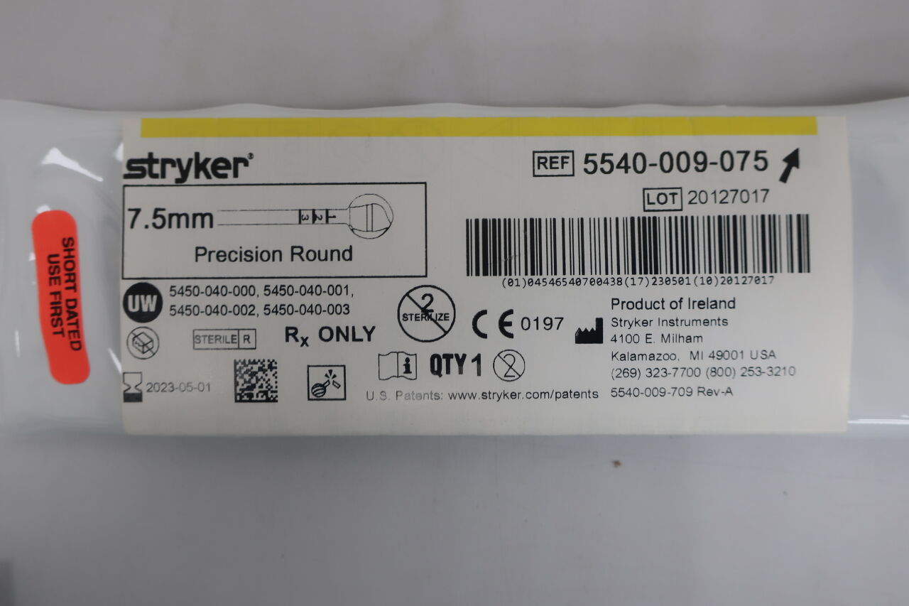 5540-009-075 - STRYKER - S2 Precision Round Bur, Two Flutes 7.5mm, () - ( Expiry Date: 2023-05-01 )